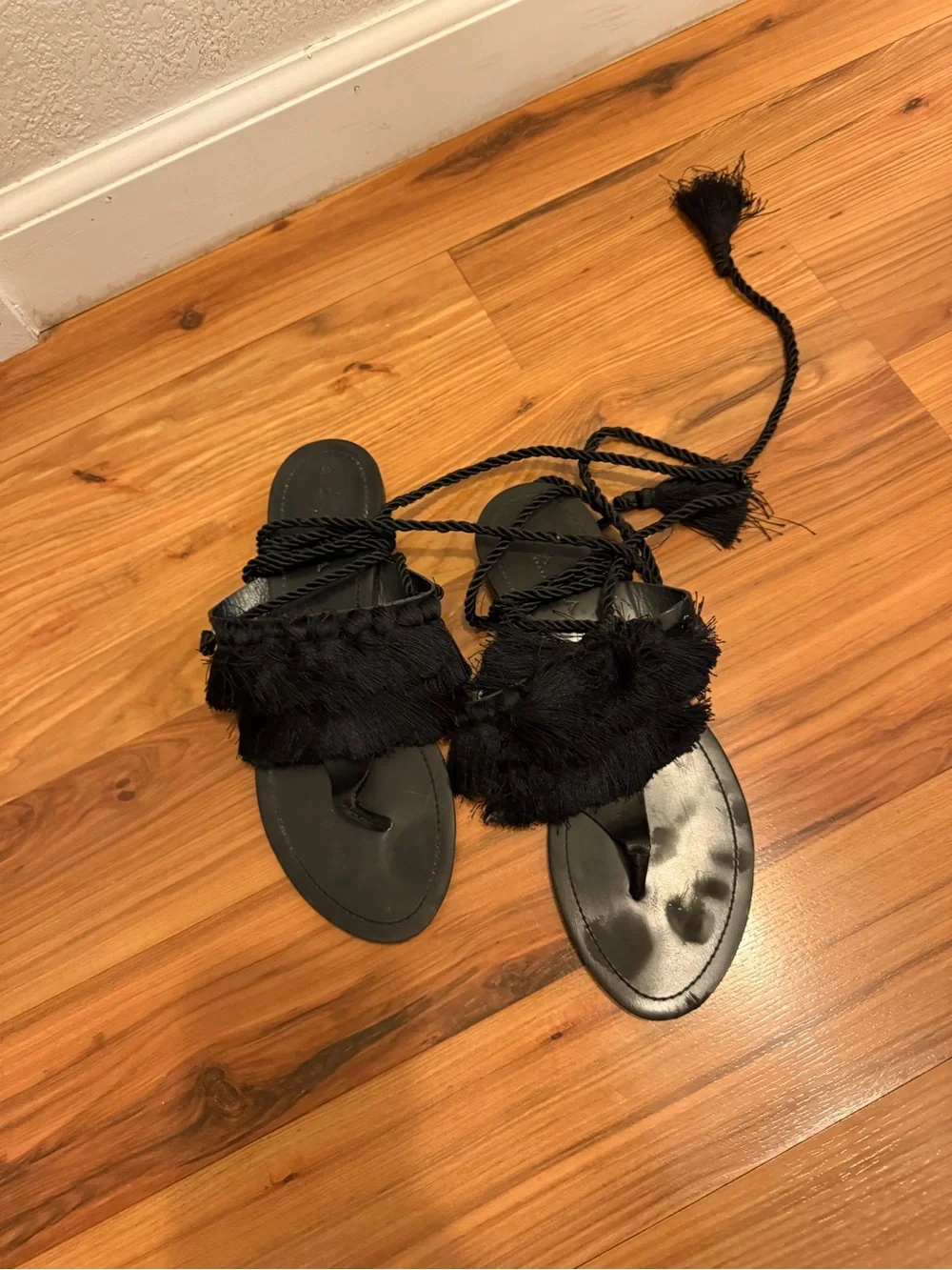 Zara Black Fringe Tie-Up Sandals - Picture 2 of 9